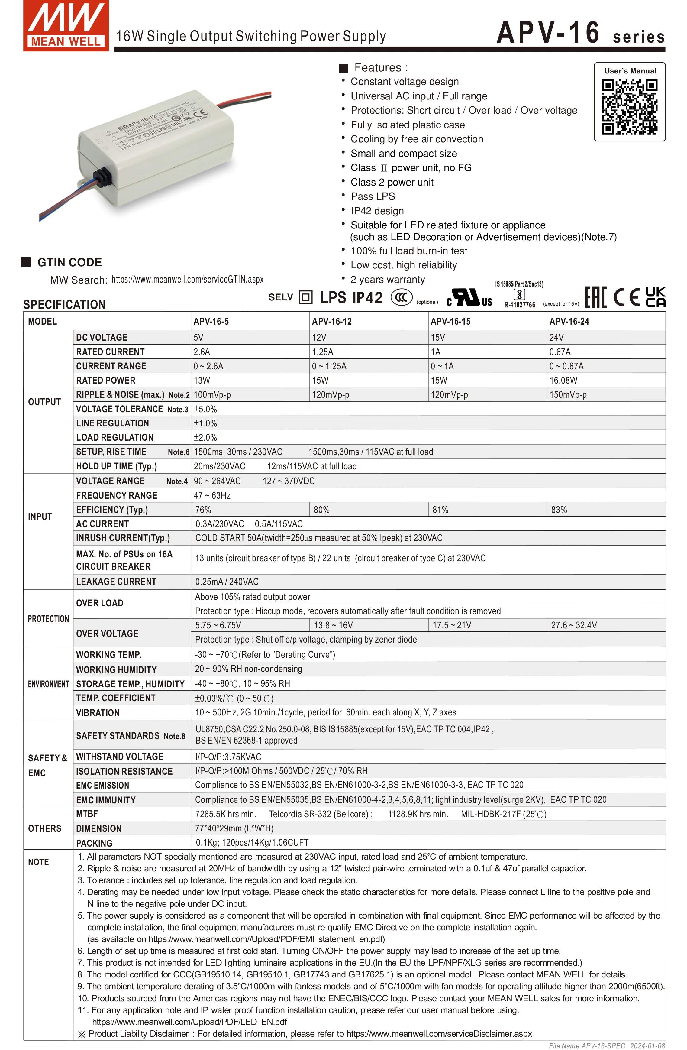 Sterownik LED Meanwell APV-16 serii 5v/12v/15v/24v meanwel transformator LED IP42 zasilacz LED Adapter stałe napięcie