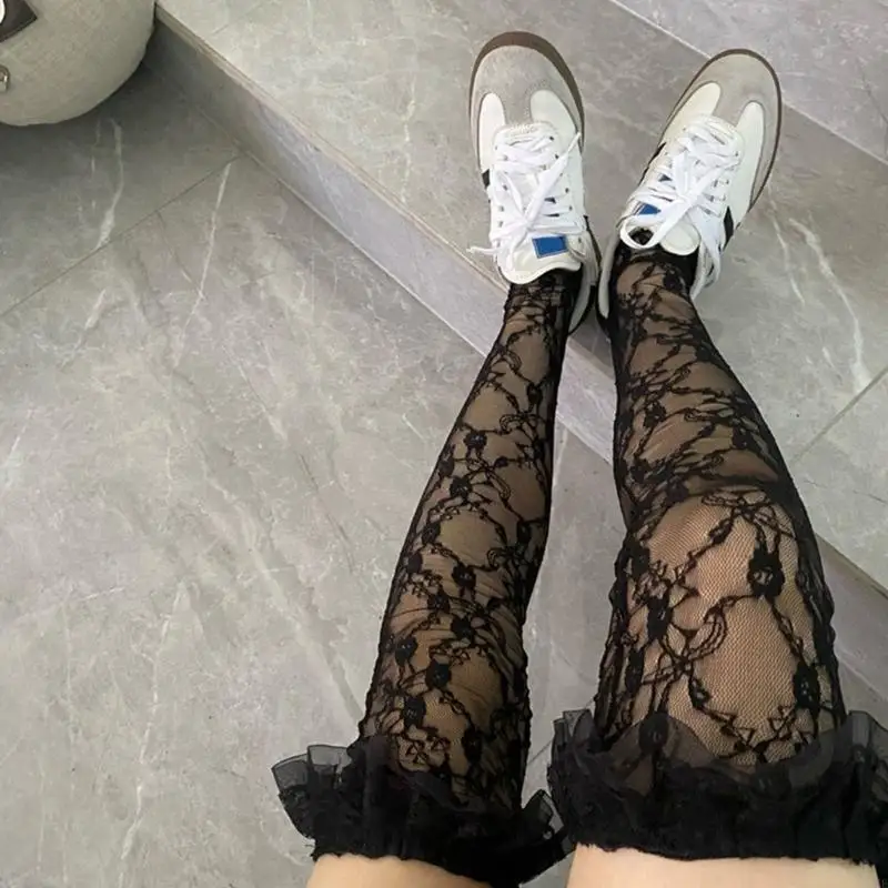 

195E Flower Pattern Thigh High Stockings Japanese Aesthetic Elegant Tiered Ruffle Trim Over Knee Long Socks for Women