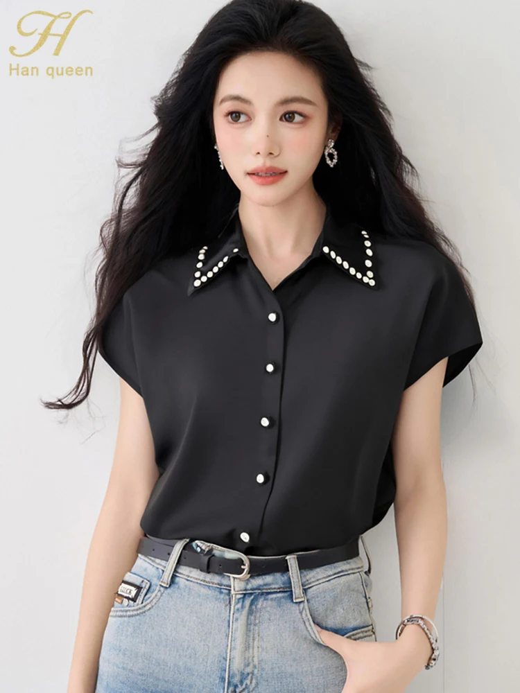 

H Han Queen Elegant Pearl Satin Chiffon Simple Office Blouse Female Shirt Loose Tops Short Sleeve Casual Blouses Woman Clothing