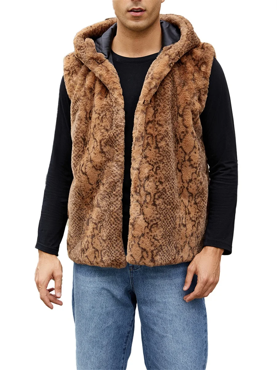 Men’s Faux Fur Vest Fuzzy Sleeveless Stand Collar Animal Print Vest Jacket Coat Winter Warm Outwear