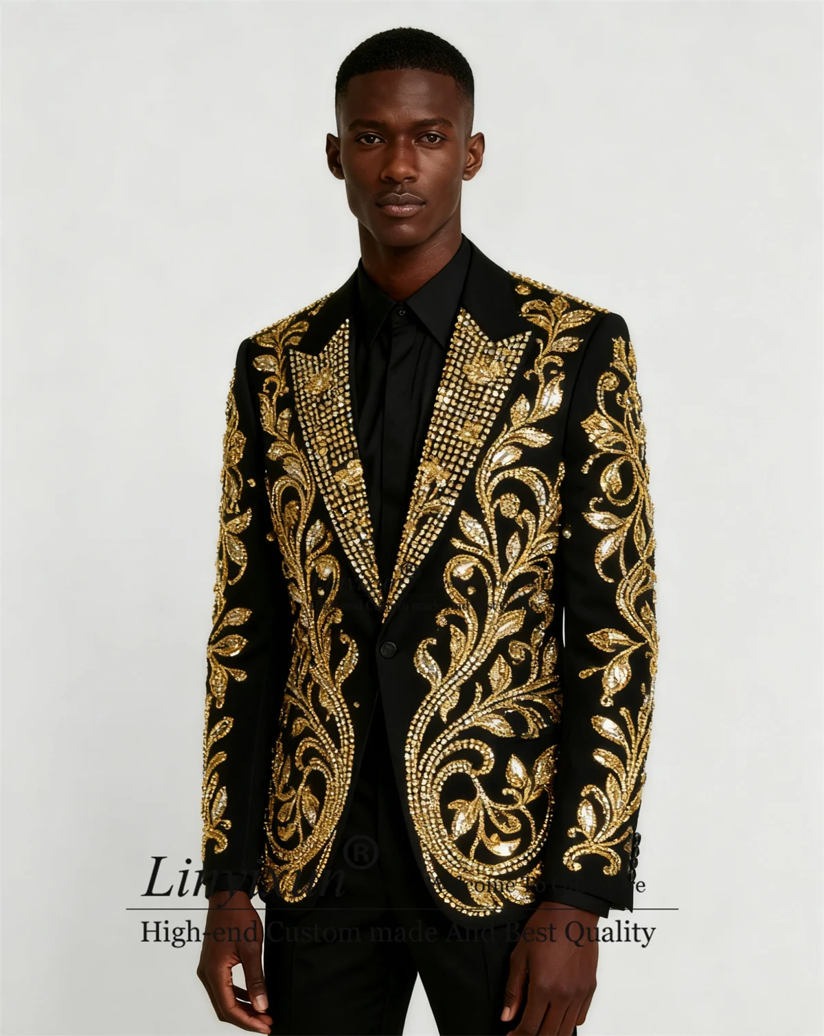 

High End Metal Embellished Men Suits Peaked Lapel Groom Tuxedos 2 Pieces Sets Beadeds Party Prom Blazer Ropa Hombre Customized