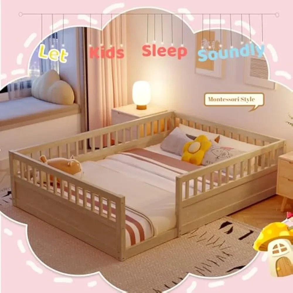 Floor Bed for Kids, Montessori Bed with High Fence Railings, Wood Playhouse Bed with Rails for Baby Boys Girls Teens