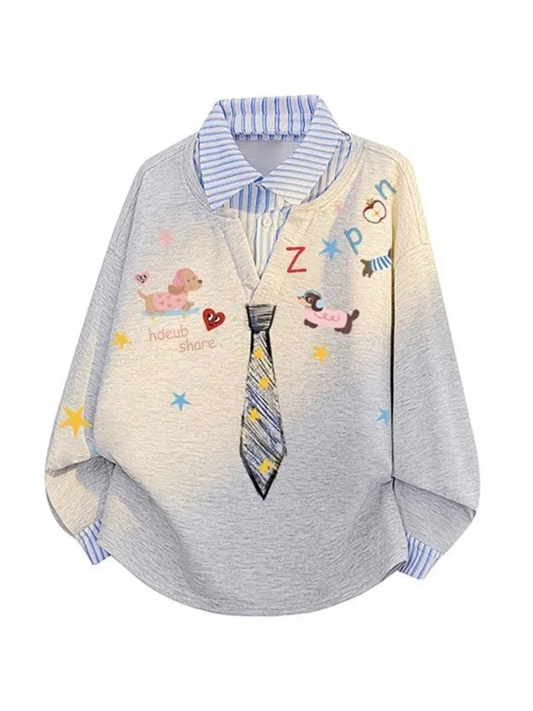 Sudadera de dibujos animados Kawaii de Japón para mujer, jersey falso de dos suelto y dulce con estampado de estilo pijo, Tops bonitos de retazos de manga larga Vintage