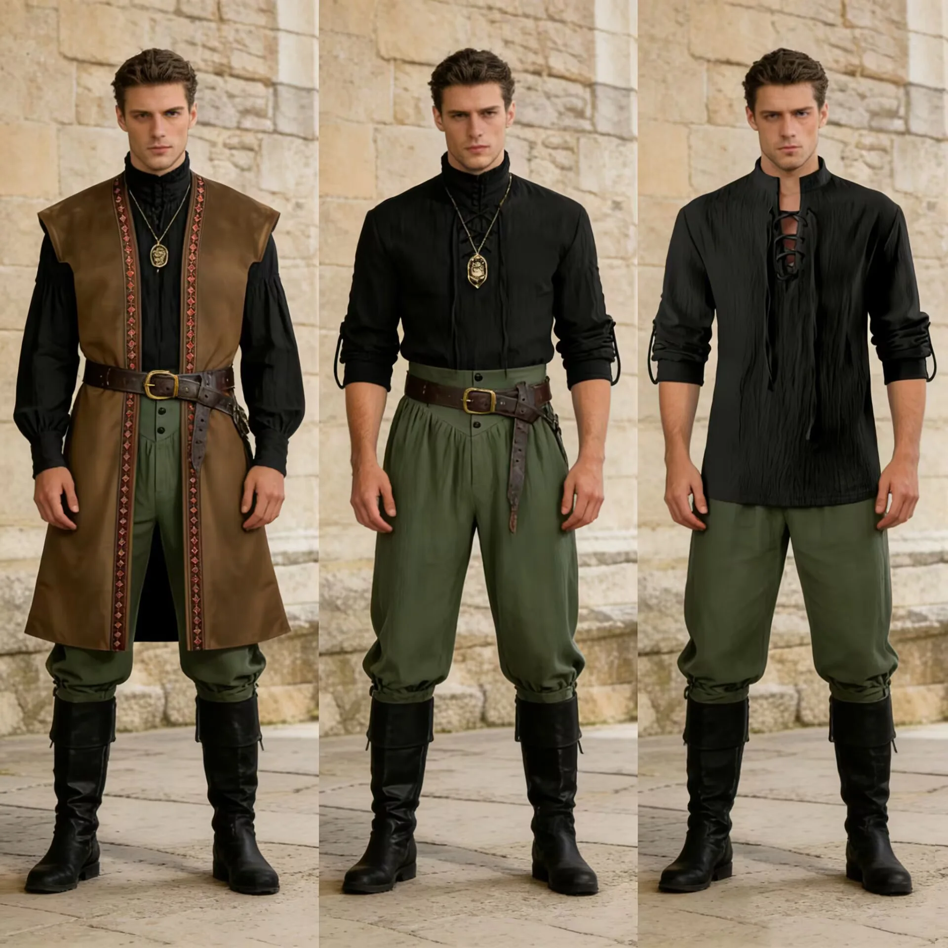 

Renaissance Pirate Long Sleeve Embroidered Performance Shirt Medieval Style Hooded Vest Outfit Cotton Blend Fabric All Seasons