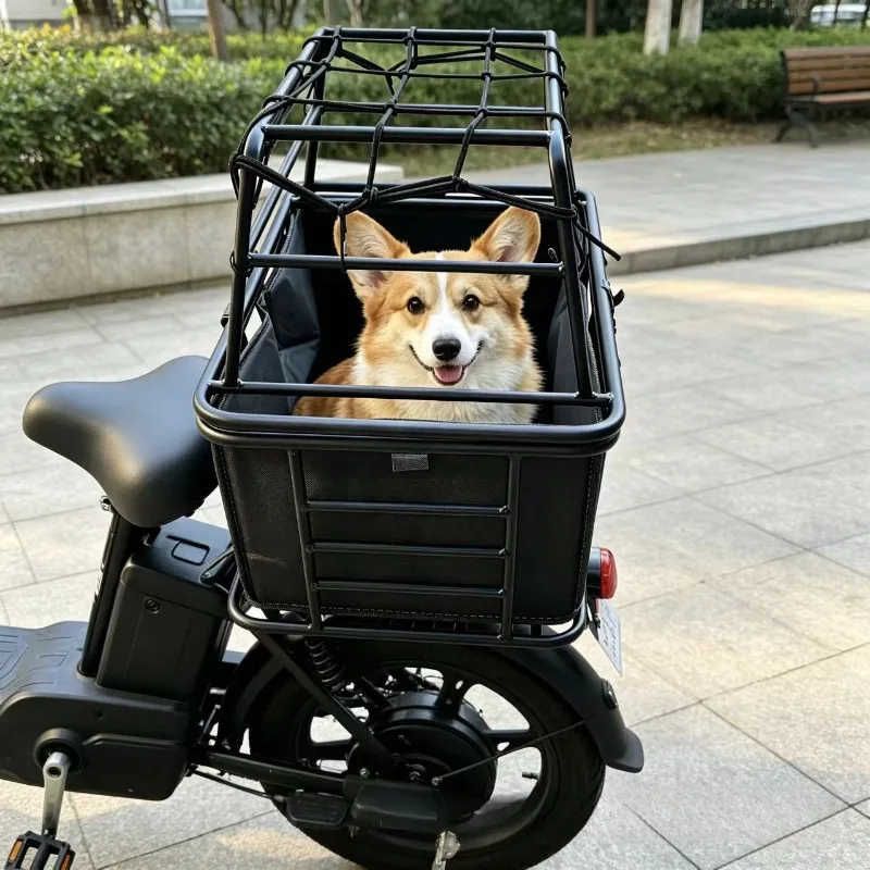 Electric Vehicle Rear Pet Basket Electric Bic Ycles Metal Storage Baskets with Lid Outdoor Large Pets Carrier Rack with Liner