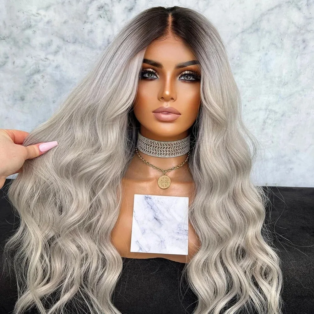 Ombre Silver Grey Wig Body Wave Lace Front Wig With Dark Roots Synthetic For Women 13x4 HD Middle Part Realistic Daily Cosplay
