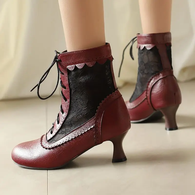 

Girseaby 2026 New Design Women's Boots Round Toe 6cm Strange Heel Lace-Up Mixed Color Plus Size 48-50 Breathable Summer Style