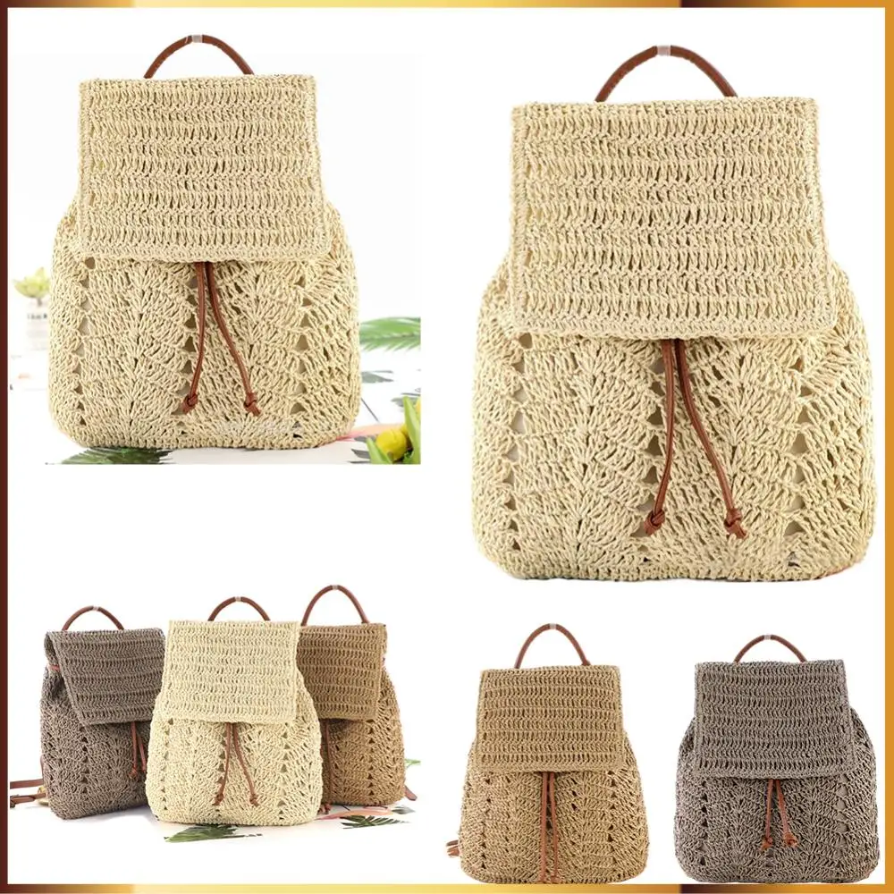 

Woven Straw Beach Crochet Shoulder Backpack for Women Flap Drawstring Shoulders Bag Bohemian Backpack for Summer Beach Holiday