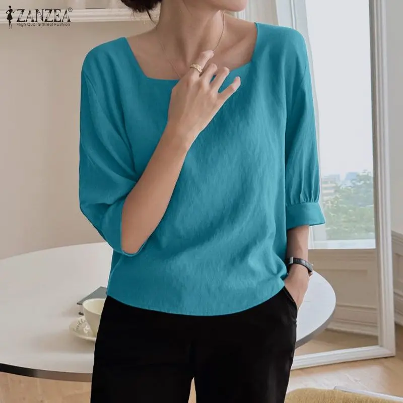 

ZANZEA Summer Elegant Square Neck Short Sleeve Work Blouse Women Tops Causal Solid Color OL Work Shirt Female Holiday Mujer 2026