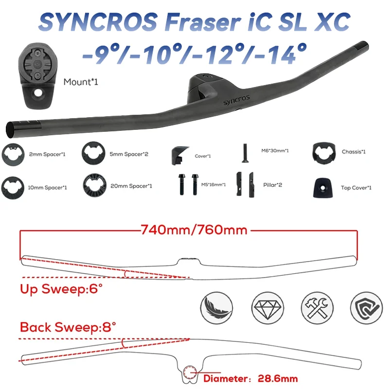 

SYNCROS Full Carbon Integrated Mountain Bike Handlebar IC SL XC -9/-10/-12/-14Degrees Includes Computer Holder Width740/760MM