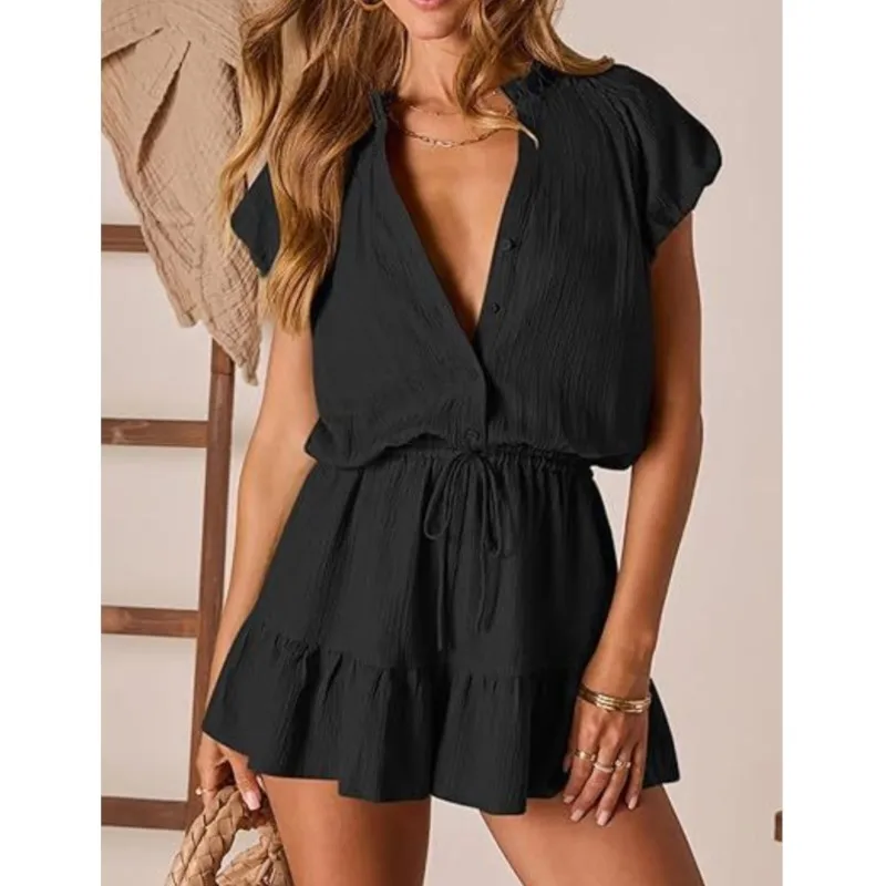 

Женский летний комбинезон, новая модная модель с V-образным вырезом, короткими рукавами, пуговицами, плиссированный, с карманами, свободный, повседневный, женская одежда