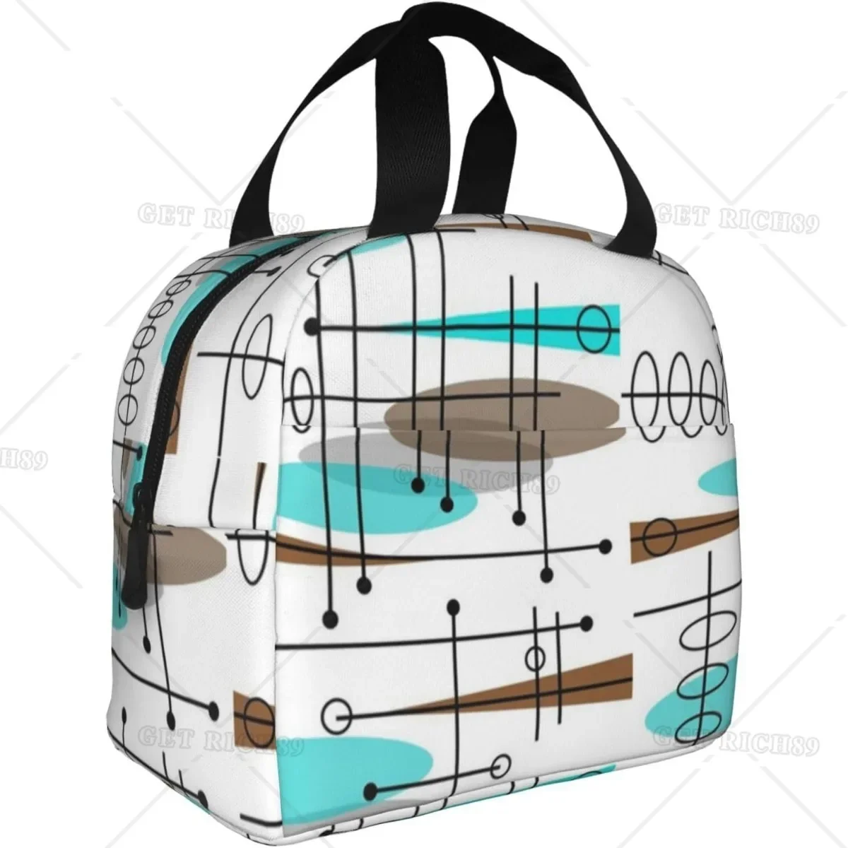 

Mid Century Modern Blue Brown Lunch Bag Reusable for Women Men, Cooler Lunch Boxes Waterproof Tote Bag for Picnic Office Work