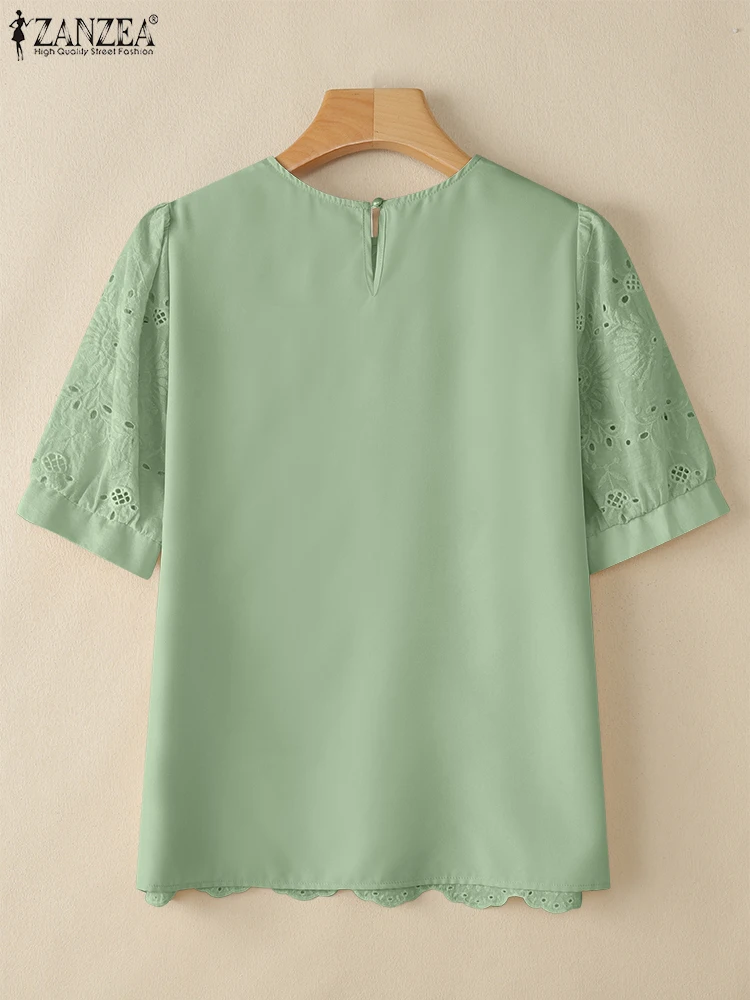 2025 ZANZEA الصيف الدانتيل الكروشيه قمصان المرأة أنيقة العمل بلوزة عادية س الرقبة قصيرة الأكمام عطلة Blusas المرقعة القمم تونك