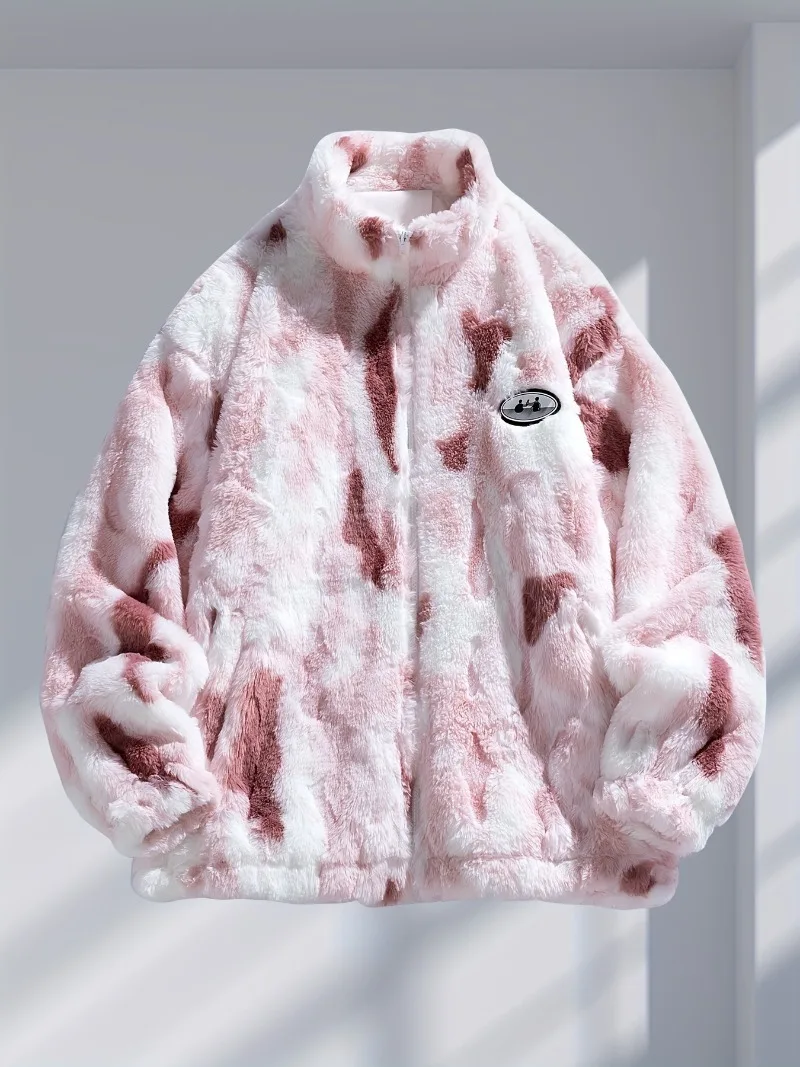 

[Мягкая флисовая куртка с граффити] Мужская куртка с граффити на мягкой флисовой подкладке — розовое и белое пальто на молнии со съемным значком