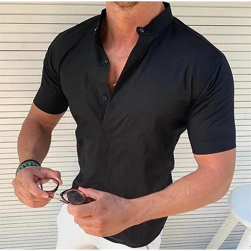 2024 Men\'s Shirt Summer Shirt 9 Colors Short Sleeve Solid Color Stand Collar Outdoor Street Wear Fashion Casual Breathable 5XL