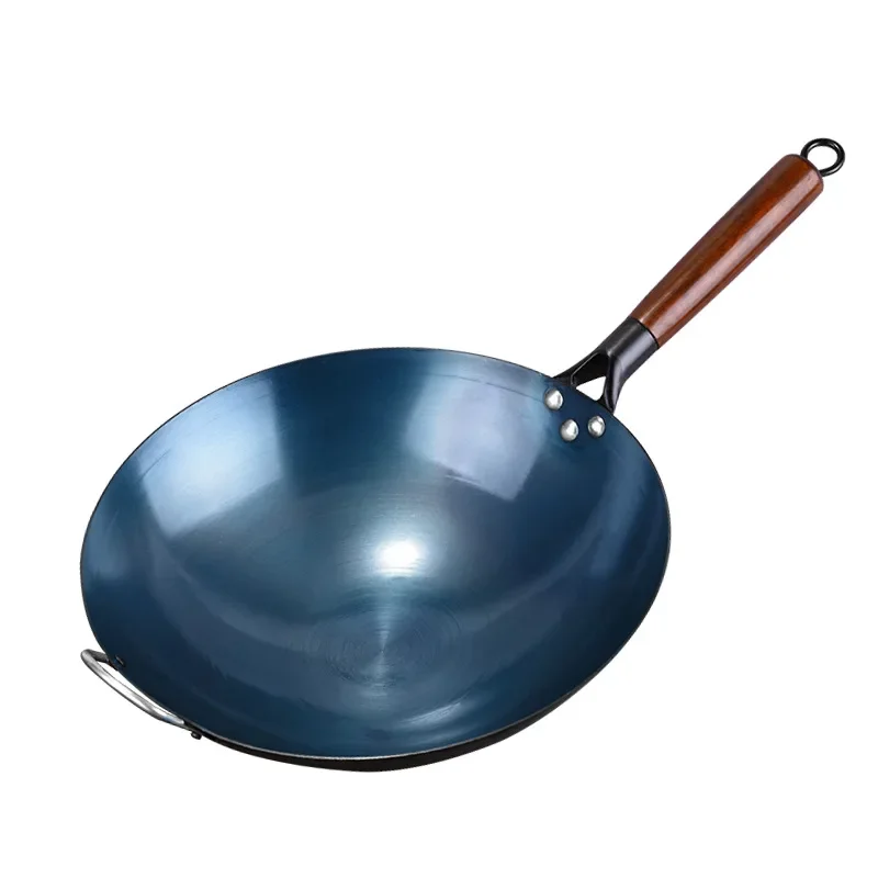 Wooden Handle Chinese Traditional Iron Wok Round Bottom Non-stick Iron Pot Anti-scalding Lightweight Frying Pan Gas Stove