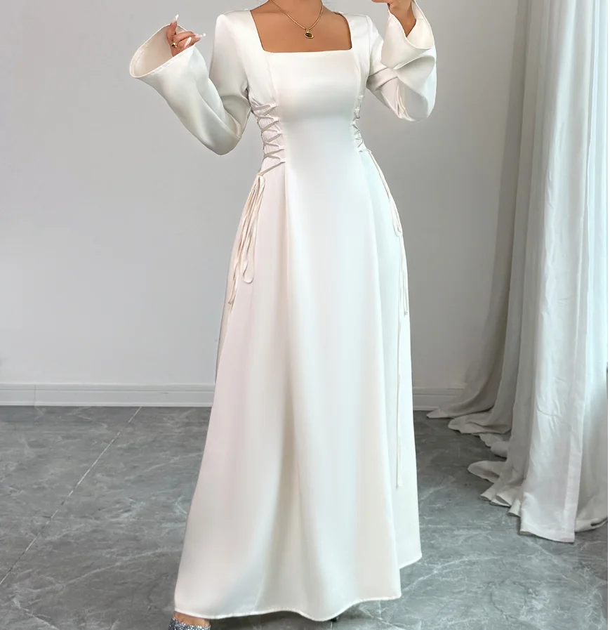 

Womens Dresses 2025 Spring New Solid Color Minimalist Style Square Neck Long Sleeved High Waist Casual Lace Up Long Dress