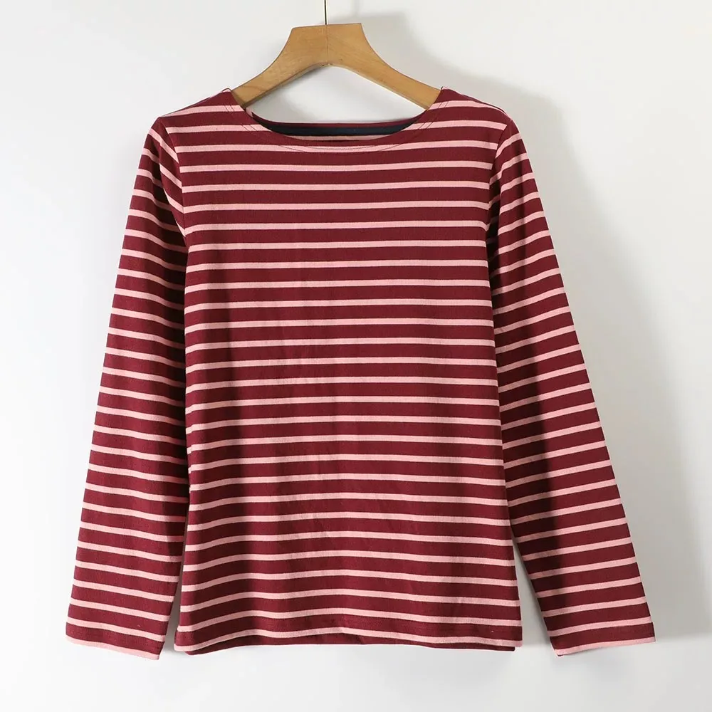 Nautical Style Women's Long Sleeve Striped Cotton T-shirt Crew Neck Casual Loose Fit Red White Blue Anchor Print Base Shirt