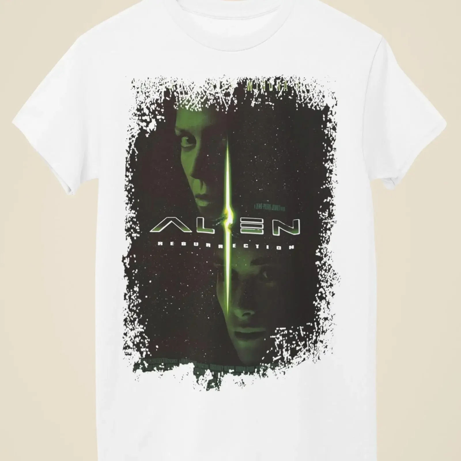 T-shirt blanc inspiré du poster du film Alien Resurrection, style vintage, streetwear, graphique, confortable, élégant, homme, doux