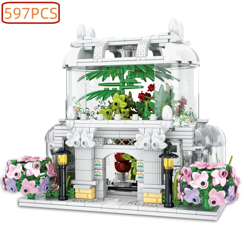 

597PCS Street View Flower House Sky Garden Small Particle Compatible Building Blocks Festival Birthday Gifts Boys and Girls Toys