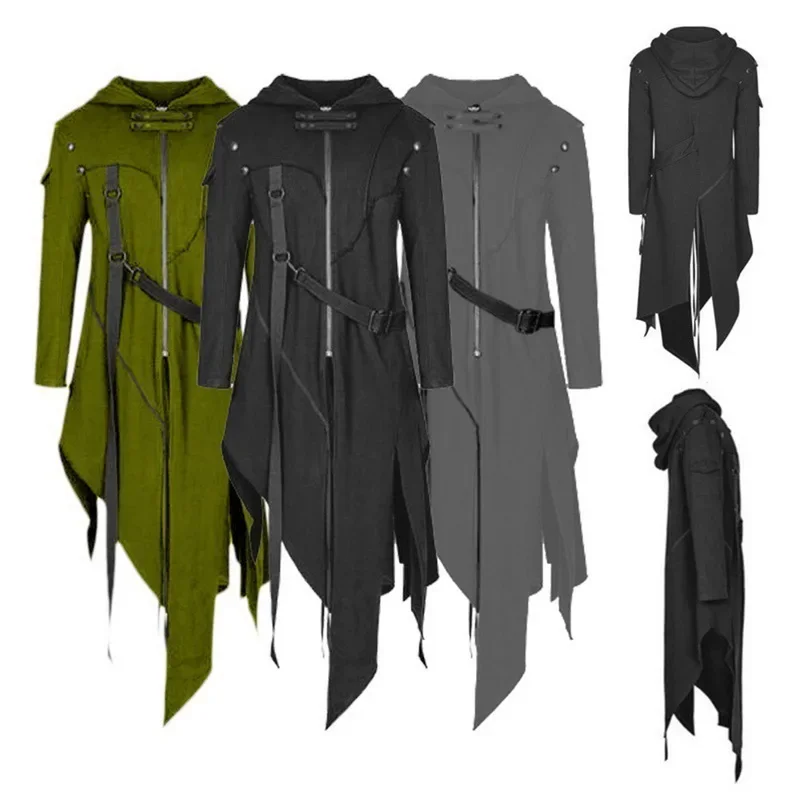 Medieval Men Long Sleeve Steampunk Victorian Jacket Gothic Belt Swallow-Tail Coat Cosplay Costume Vintage Halloween Long Uniform