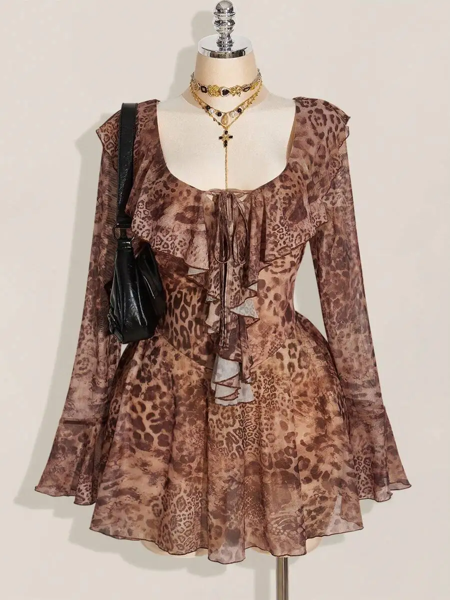 

Leopard Print Ruffled Mini Dress with Square Neck and Bell Sleeves