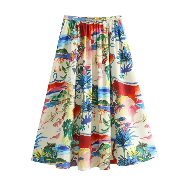 

BabYoung Women Elegant Casual Print High Waist Midi Woman Chic Side Zipper Pocket Decorate Vintage Slim Beach Pleated Skirt