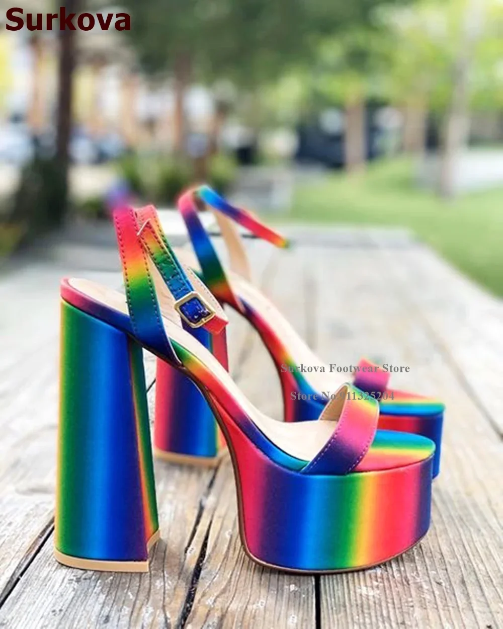 Surkova Rainbow Stripe Chunky Heel Platform Sandals Hologram Leopard Buckle Strap Nightclub Shoes Neon Yellow Crocodile Heels