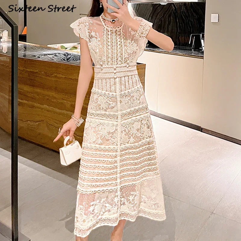 Party Lace Dress Women Apricot  Vintage Embroidery Flora Evening Vestido Women Clothing Sleeveless Elegant Dresses Patch