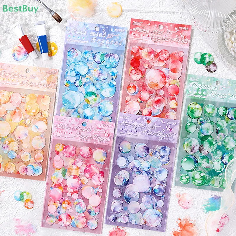 4 Sheets/pack Dreamy Colored Bubbles Decorative Sticker Retro Watercolors Collage Scrapbooking Label Diy Diary Journal Planner