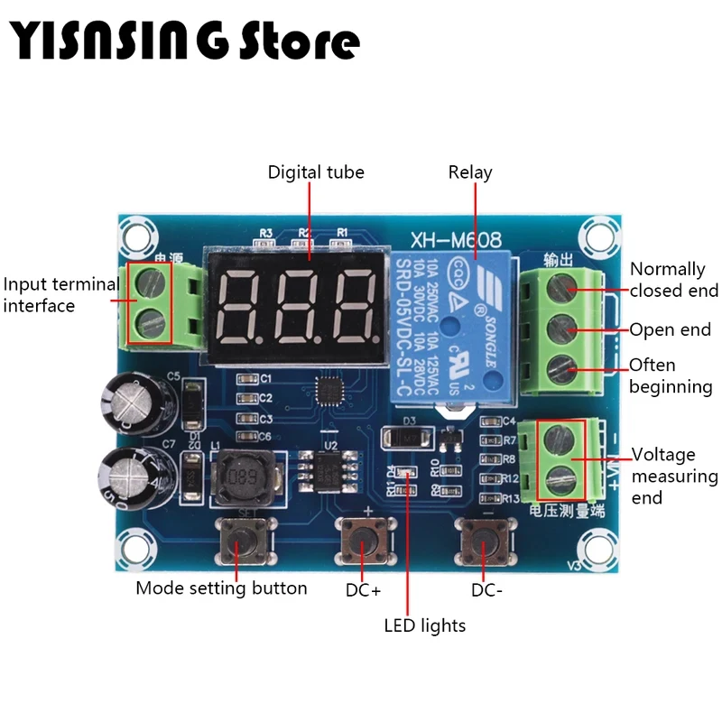 XH-M608 Battery Charge Discharge Module DC6-40V Integrated Voltmeter Undervoltage Overvoltage Protection Timing Discharge Board