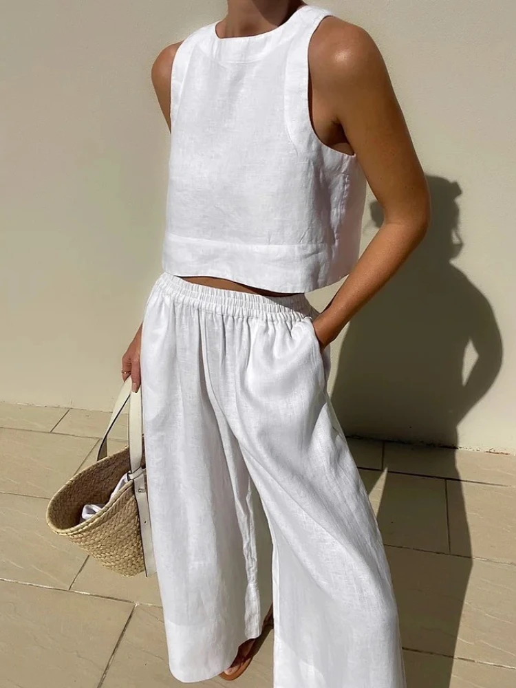 2024 Summer Fashion New Women\'s Cotton and Hemp Set Round Neck Sleeveless Shirt Tie Waist Wide Leg Pants Sports Two Piece Set