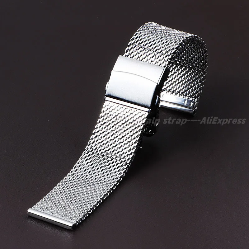 1.0 Milanese Mesh Loop 18mm 20mm 22mm Folding Buckle Watch Band Stainless Steel Strap 3mm Thickness Bracelet Quick Release