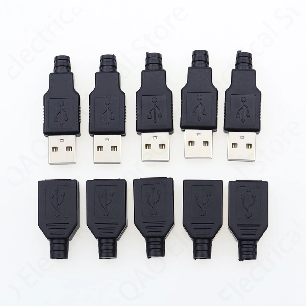 

10pcs Type A Male Female USB 4 Pin Plug Socket Connector With Black Plastic Cover Type-A DIY Kits