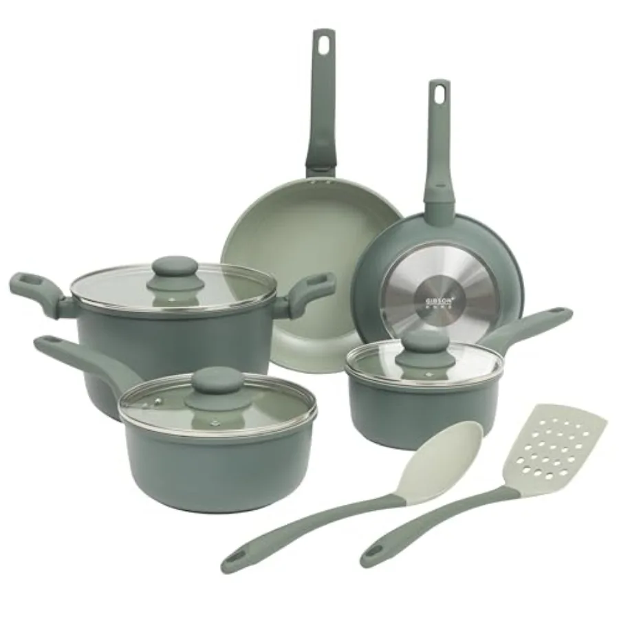 

Barnsdall 10 Piece Premium PFA Free Ceramic Nonstick Pots and Pans Aluminum Induction Cookware Set W/Kitchen Tools - Sage Green