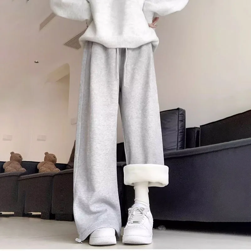 

Winter Thickened Lambswool Sportpants Fashion Women Long High Waist Wide Leg Fleece Trousers Y2K Streetwear All Matching Pants