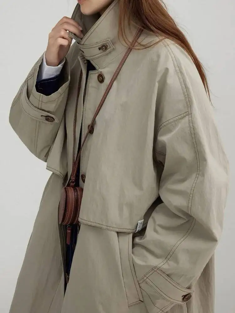 TLXT-Chaqueta cortavientos larga informal con cuello levantado para mujer, ropa de abrigo ligera de talla grande de Color sólido con bolsillos