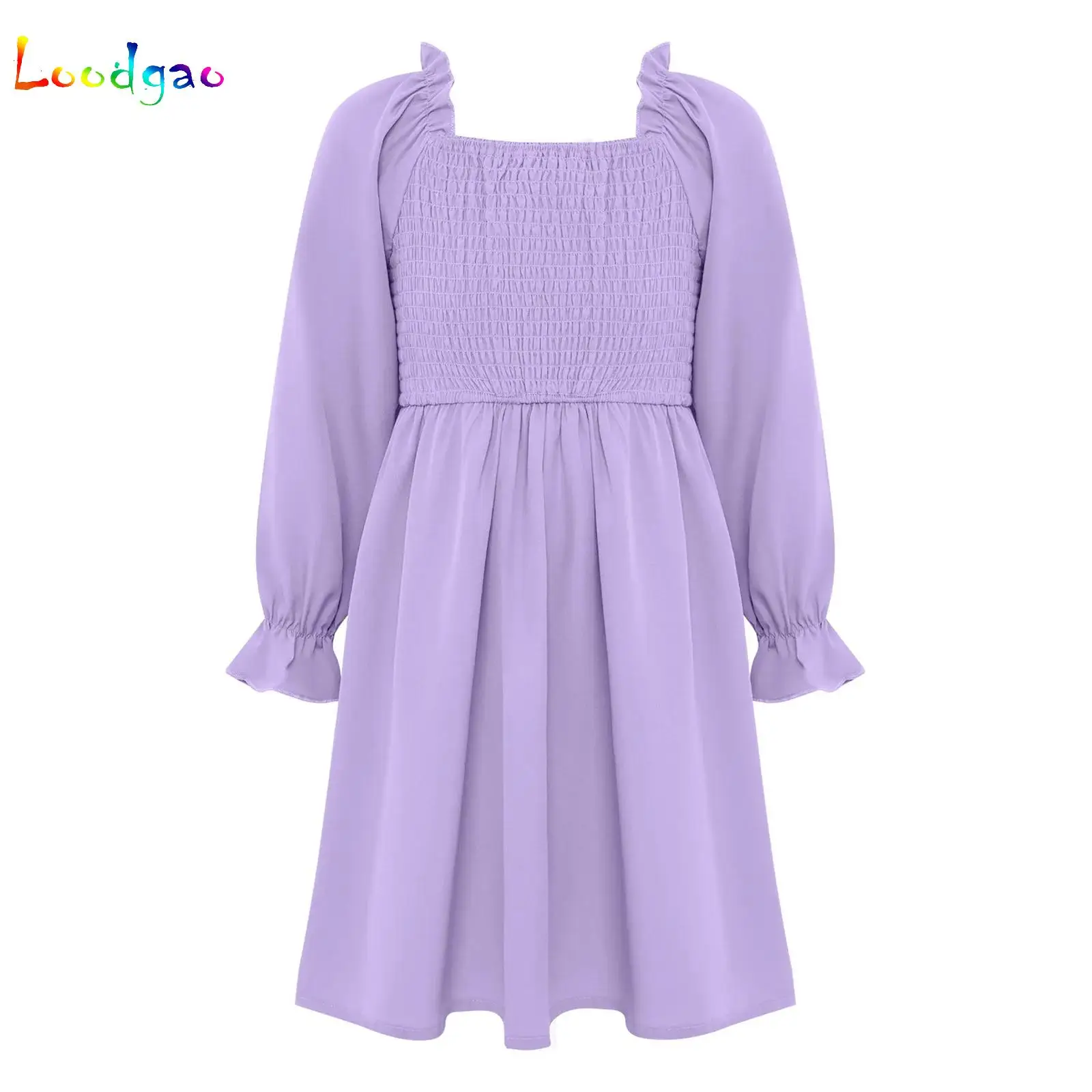 

Kids Girls Dress Fashion Long Puff Sleeves Smocked Dress Elegant Princess Wedding Birthday Dresses Teenager Children Clothing