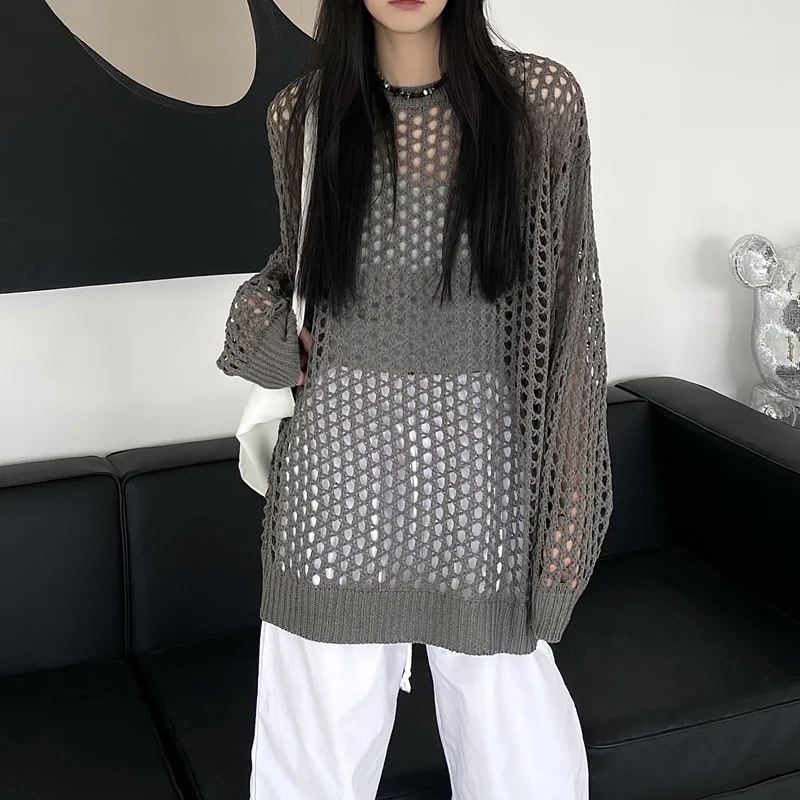 2025 Spring Thin Casual Long Sleeve Sunscreen Top Autumn Loose Fit Solid Color Pullover Hollow Out O Neck Women's Knitted Tops