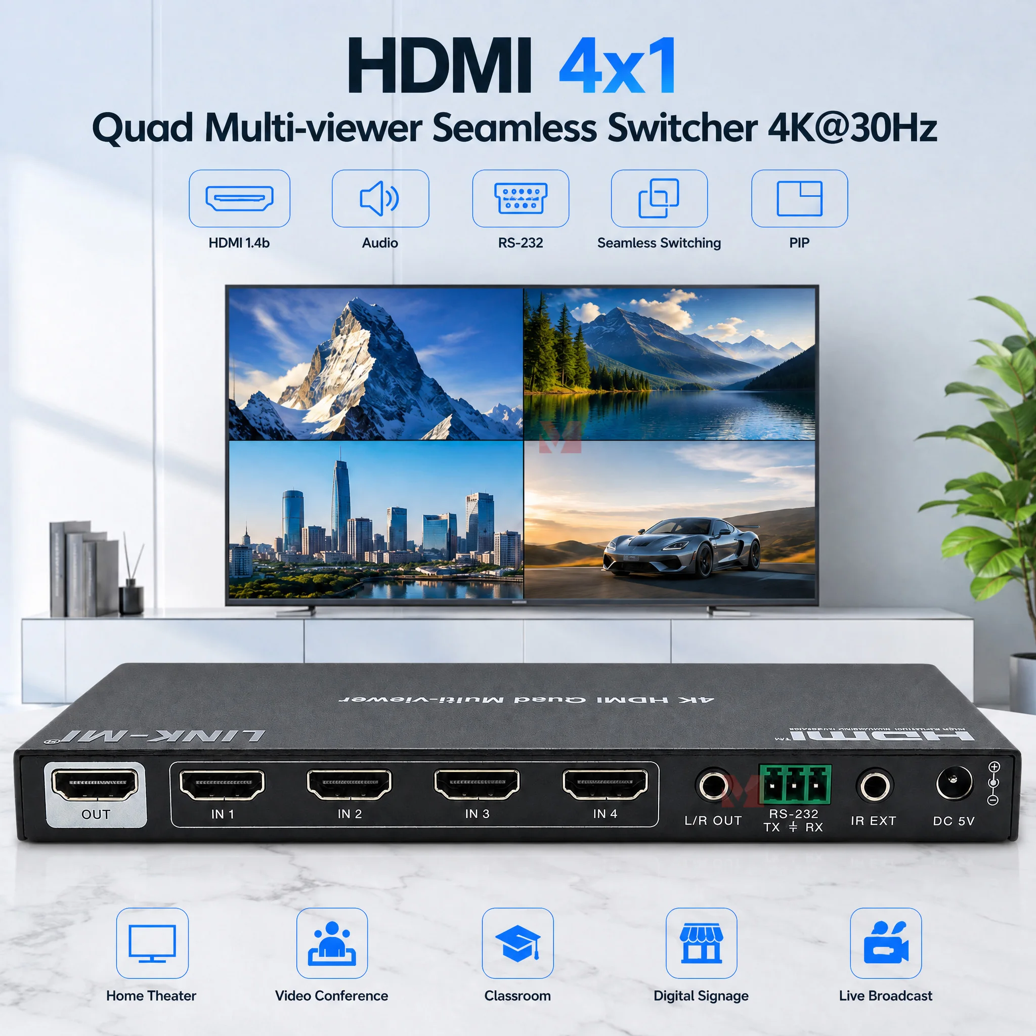 

4K@30Hz HDMI 4x1 Quad Multi-viewer Seamless Switcher 10.2Gbps 4 in 1 out with EDID IR RS232