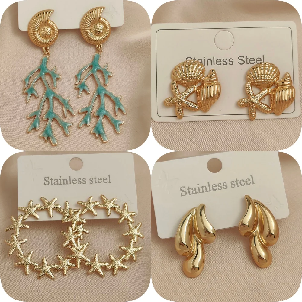 Trendy coral shell starfish stainless steel earrings, waterproof and non-fading heavy metal earrings, wedding party gifts