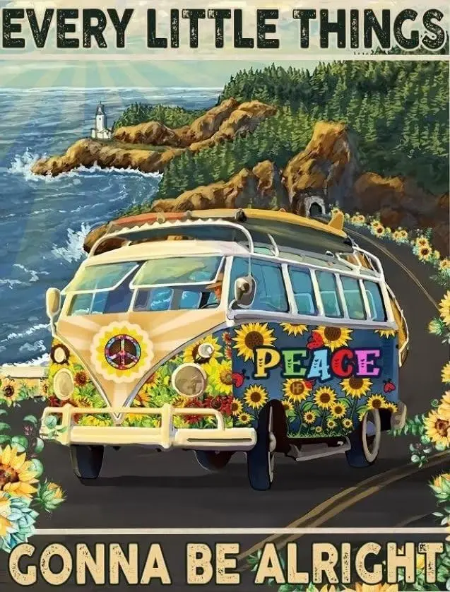 Funny Tin Sign Everything Little Things Gonna Be Alright Flowers Bus Hippie Peace Sunflower Pub Novelty Coffee Bar Club Wall Pos