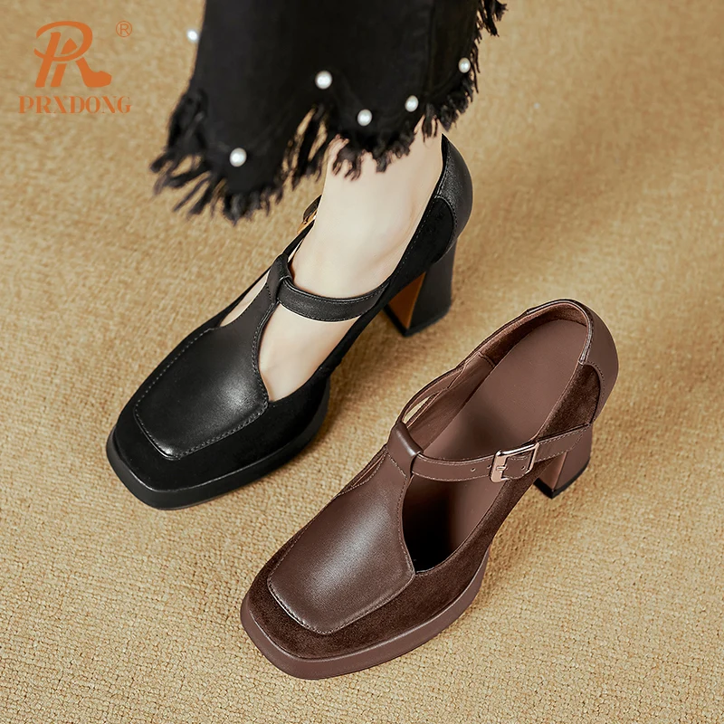 PRXDONG Genuine Leather Shoes Woman Pumps New Spring Summer High Heels Platform T-strap Retro Black Brown Dress Party Mary Janes