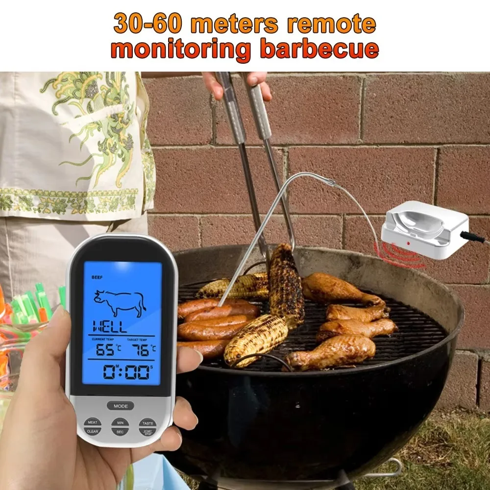 Silver Wireless Digital Meat Thermometer Remote Temperature Control with Probe BBQ Thermometer with Timer Alarm Food Thermometer