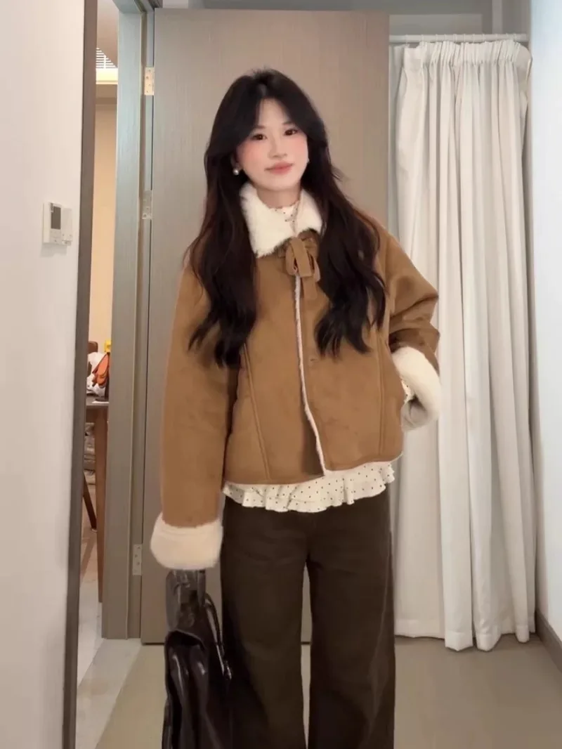 Manteau d'extérieur pour femme en coton épais et velours d'agneau, style universitaire, avec fourrure intégrée, pour l'automne et l'hiver