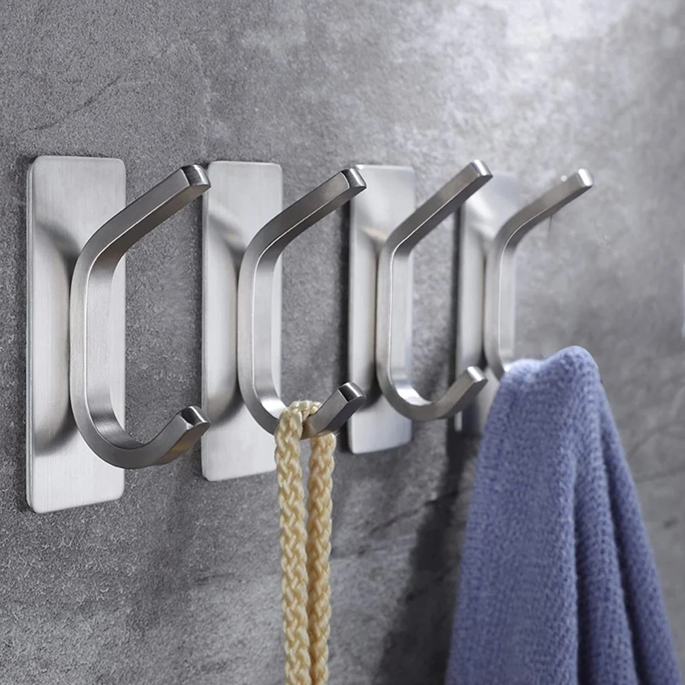 4 ชิ้นหมวกผ้าเช็ดตัวแขวนกระเป๋าประตูห้องนอนห้องครัวสแตนเลสห้องน้ํา Heavy Duty Self กาวตะขอติดผนัง