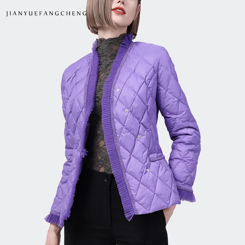 Luxury Beaded Ruffle V-Neck Down Jacket Women Winter Warm White Duck Down Padded Puffer Coat Elegant Slim Short Purple Jackets