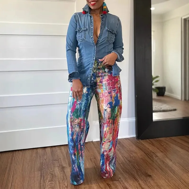 Kolorowe Malowane Graffiti Luźne Proste Spodnie Damskie Moda Wysoki Stan Zapinane na Guziki Kieszenie Y2K Streetwear Szerokie Spodnie