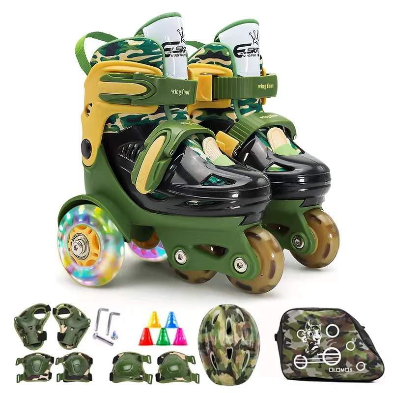 Double-Row Roller Skates for Beginner, Adjustable Elastic PVC Brakes, Safe Flash Wheel, Protective Gear, 2-8 Years Old Kids