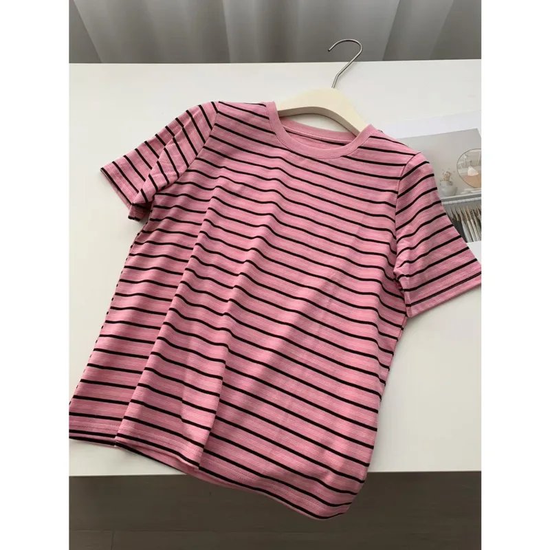 

Summer Striped Color-Block T-shirt Women Round Neck Loose Casual Short Sleeve Cotton T-Shirts